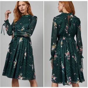 Ted Baker London Sofiya Ribbon Long Sleeve Green Midi Dress Sz 1 US 4